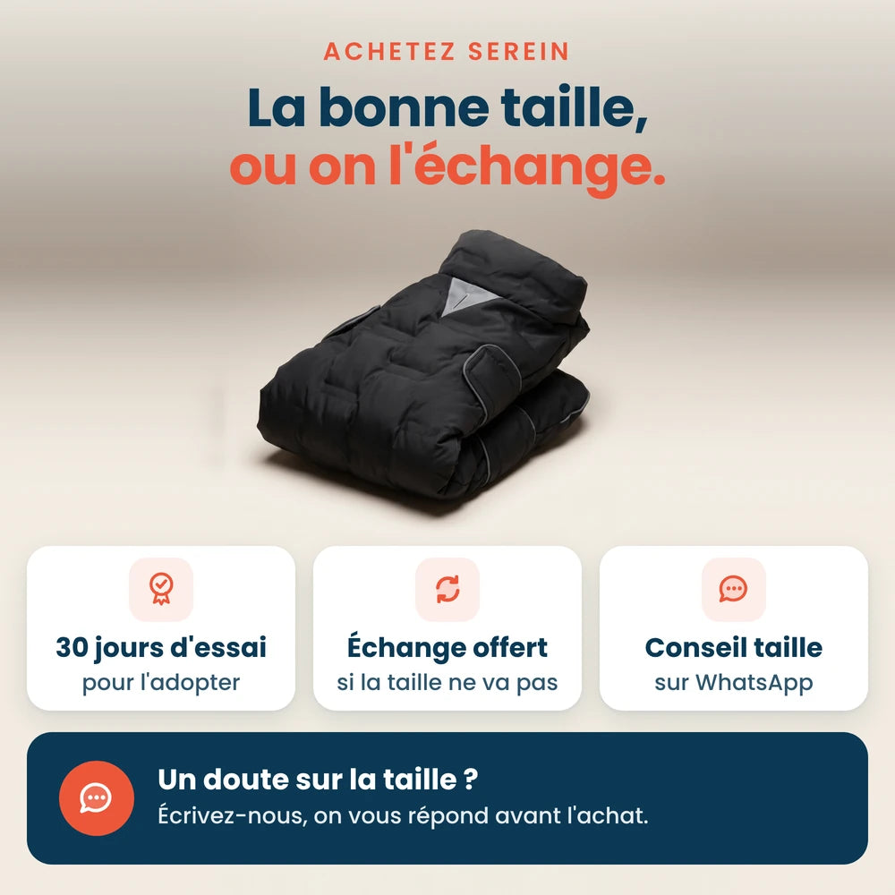 Doudoune pour chien : 30 jours d'essai, échange offert et conseil taille sur WhatsApp