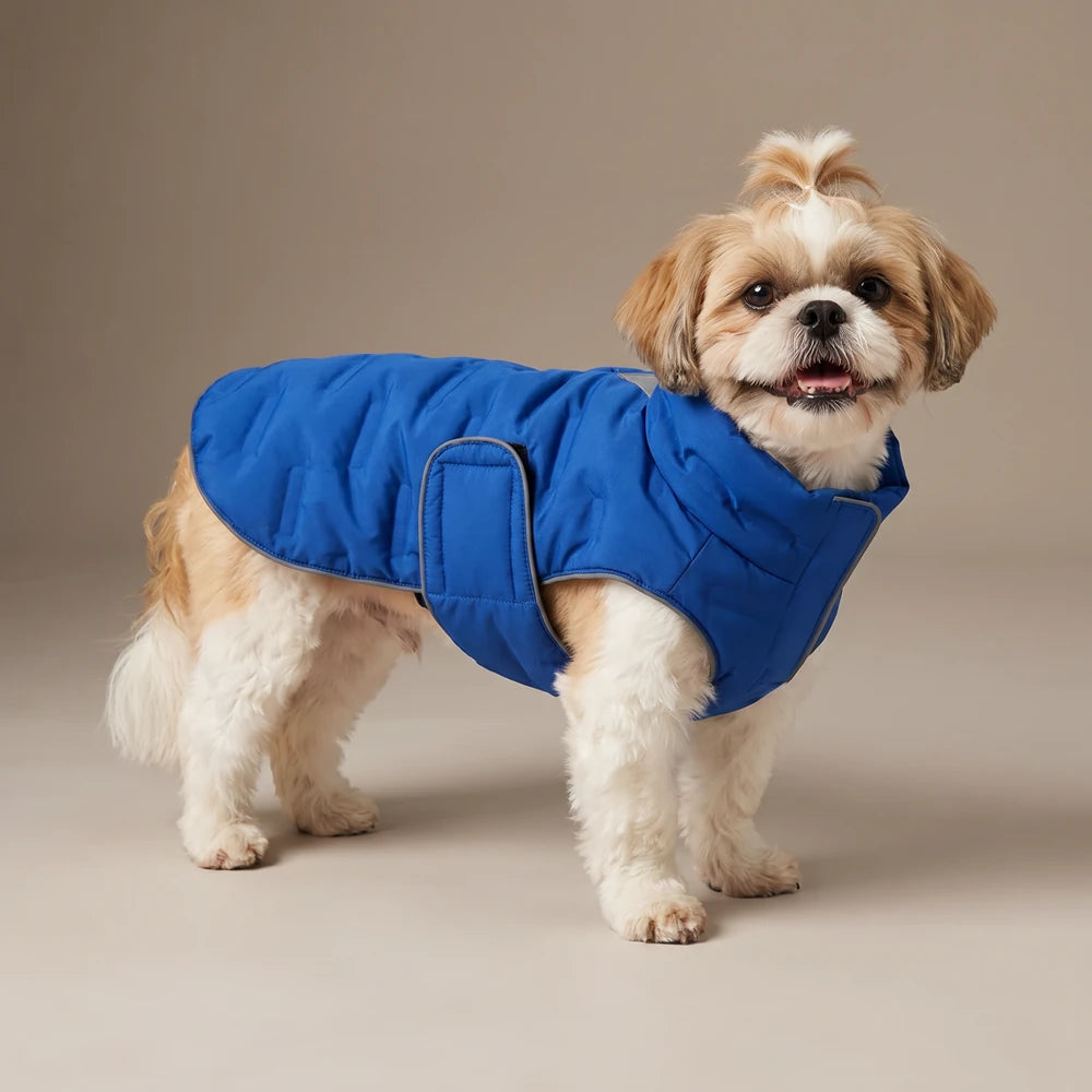 Doudoune matelassée pour chien bleue, portée par un shih tzu