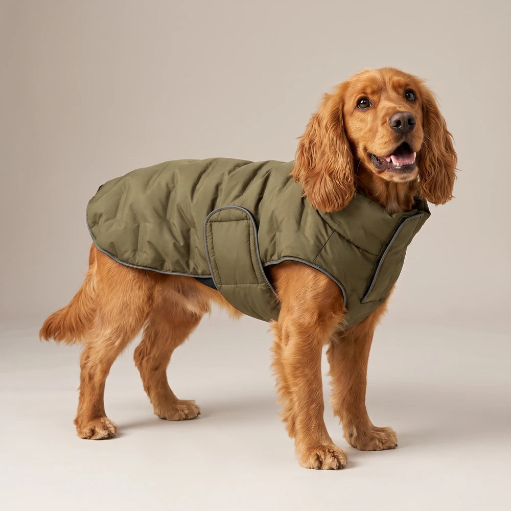 Doudoune matelassée pour chien kaki, portée par un cocker