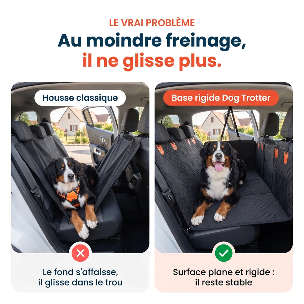 Comparatif housse classique et housse à base rigide : le bouvier bernois ne glisse plus dans le creux entre les sièges