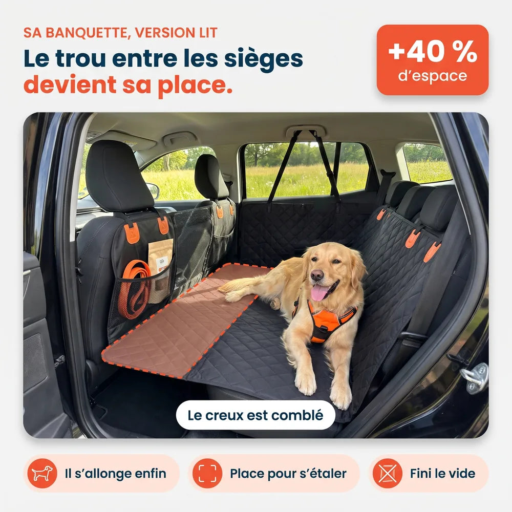 Base rigide qui comble le creux entre la banquette arrière et les sièges avant : plus d'espace pour le chien