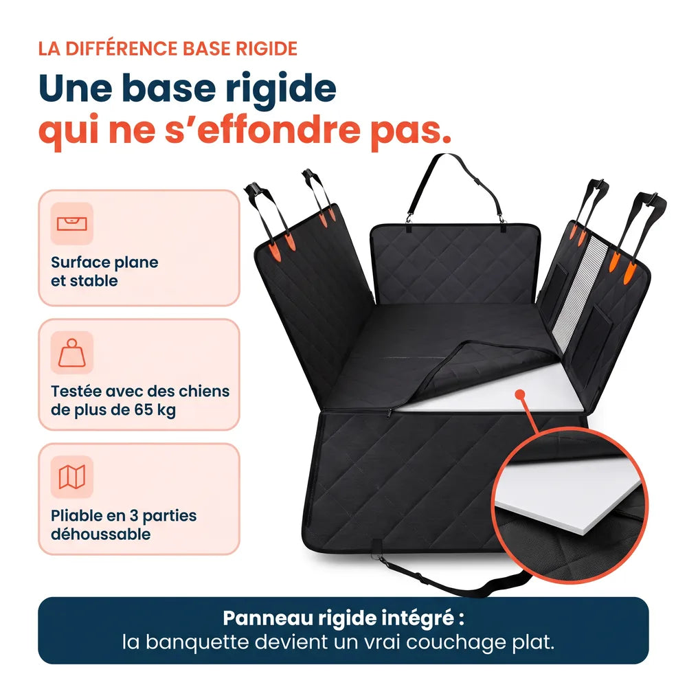 Plaque rigide de la housse de protection voiture pour chien, qui reste plate sous le poids du chien