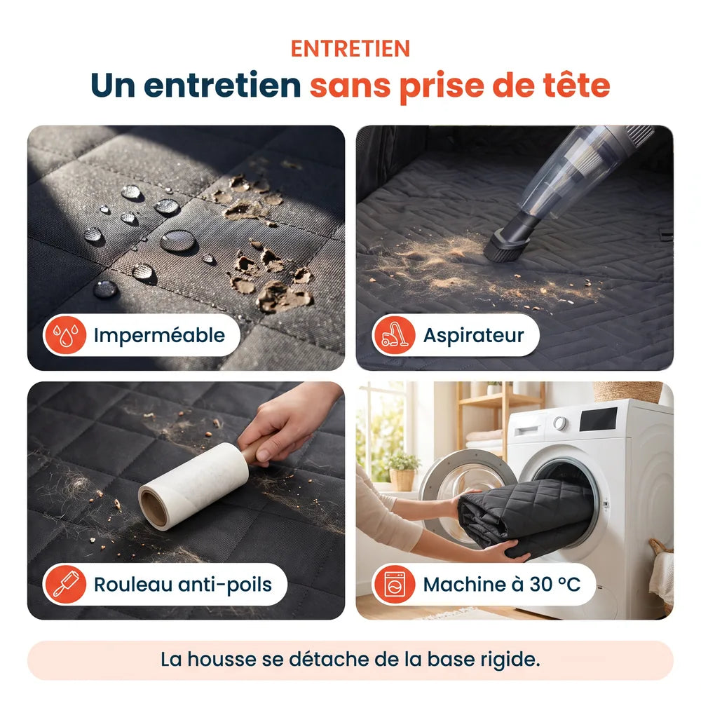 Entretien de la housse voiture pour chien : imperméable, aspirateur, rouleau anti-poils et lavage en machine à 30 °C