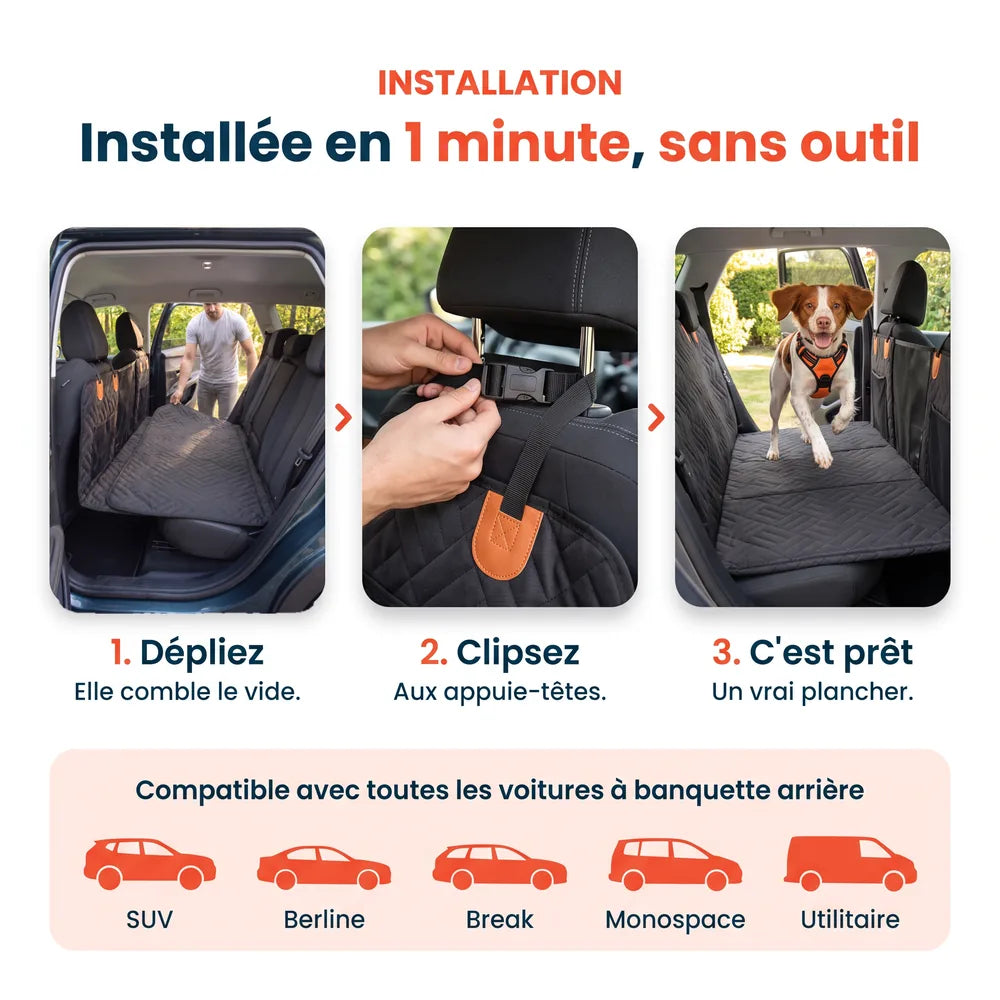Installation de la housse de protection voiture pour chien en 3 étapes, compatible SUV, berline, break, monospace