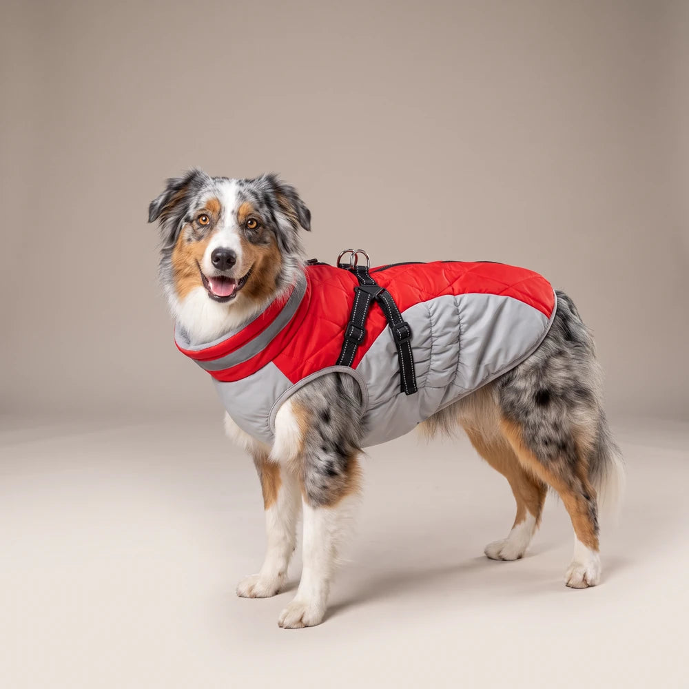 Manteau imperméable pour chien rouge avec harnais intégré, porté par un berger australien
