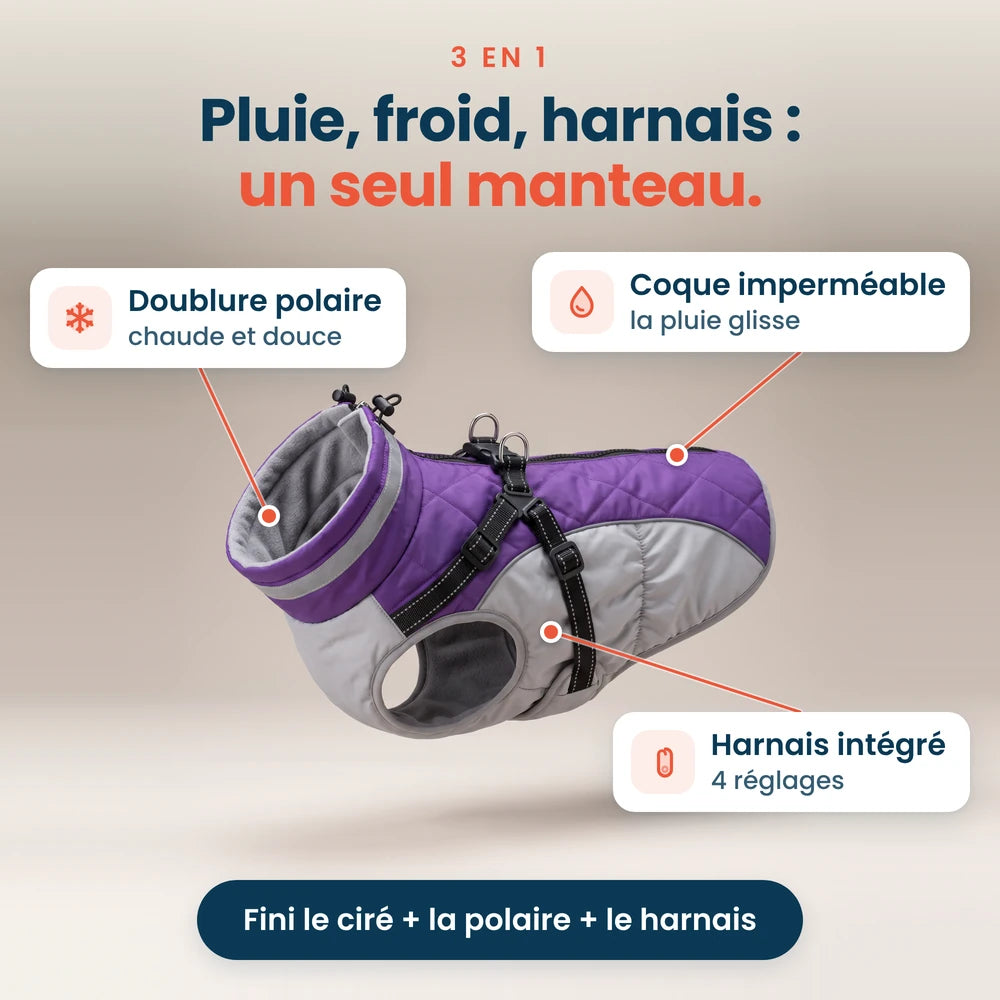 Manteau pour chien 3 en 1 : coque imperméable, doublure polaire et harnais intégré à 4 réglages