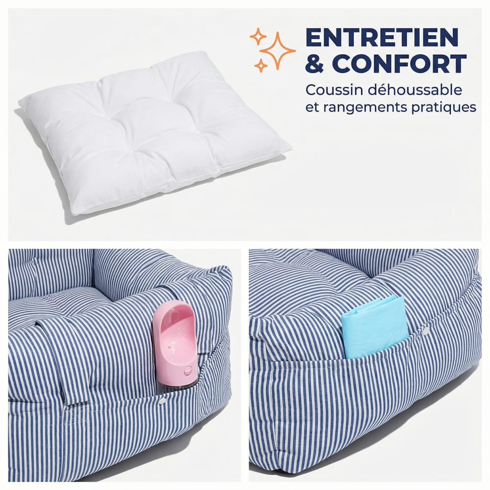 Coussin intérieur double face amovible et entretien du tissu rayé