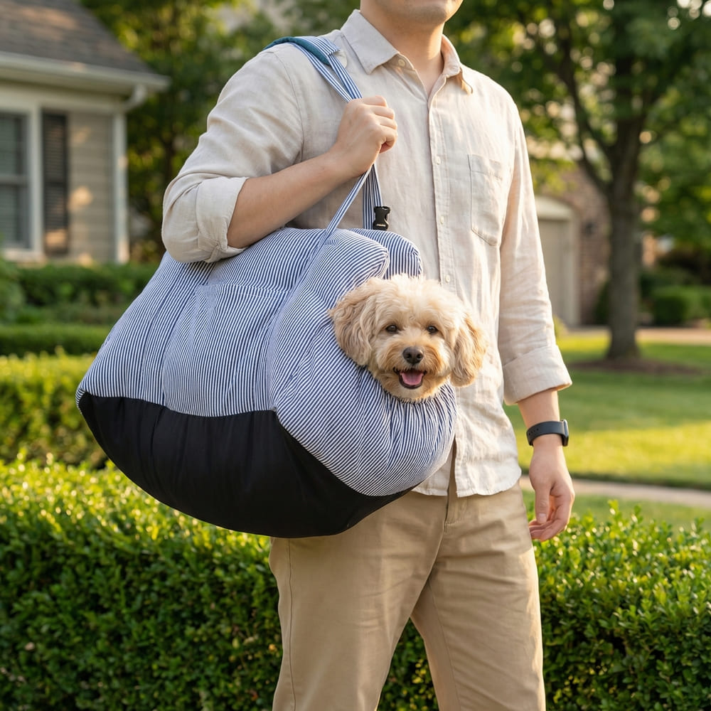 Femme tenant le sac rayé en ville avec son chien