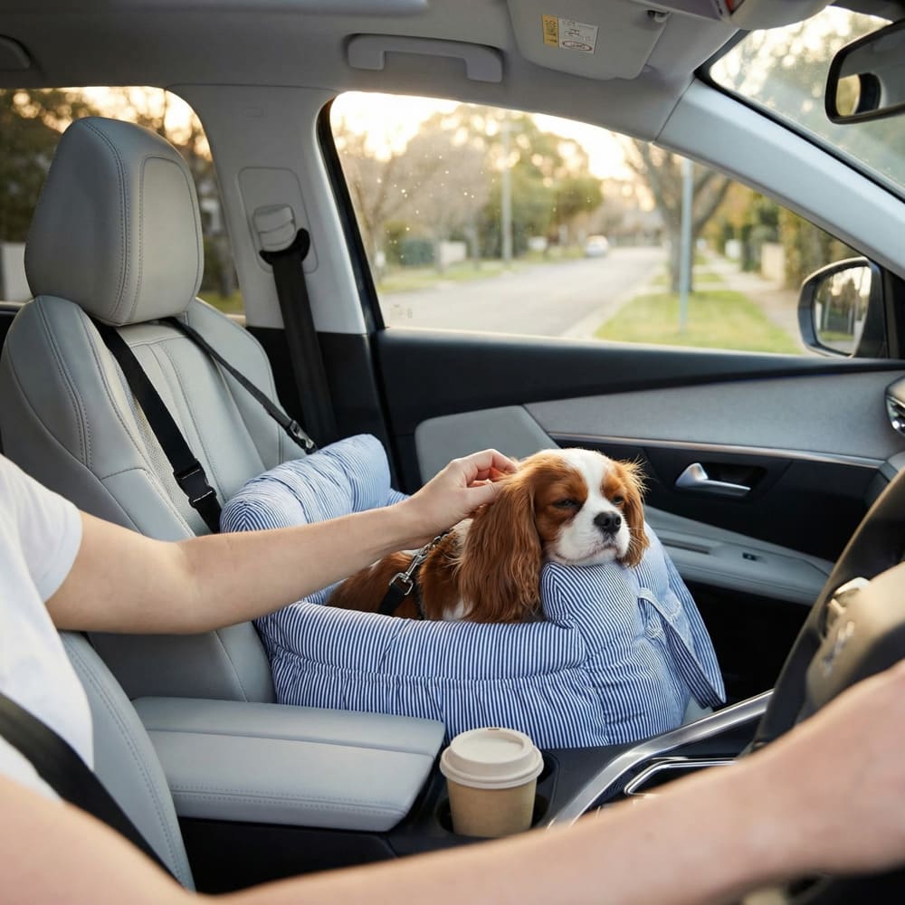 Main caressant un chien installé dans son sac de transport