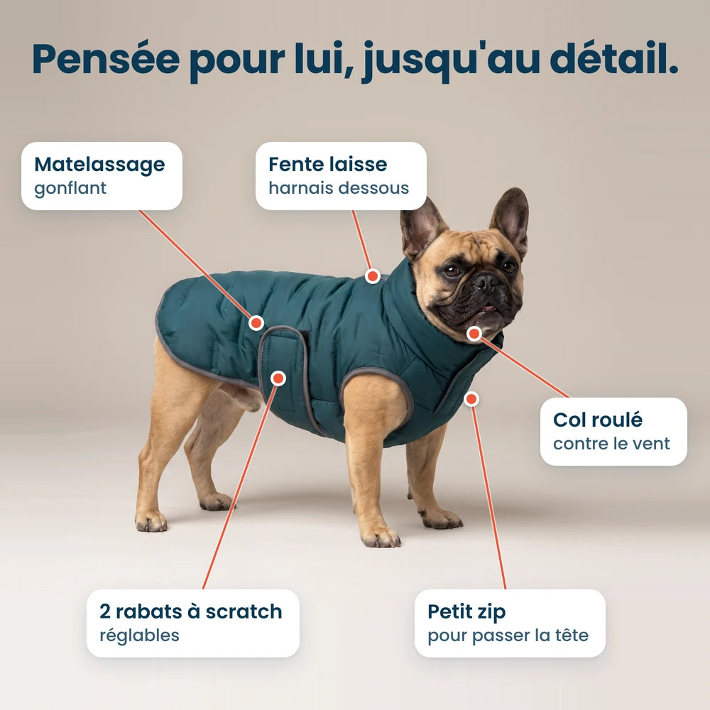 Détails de la doudoune pour chien : matelassage gonflant, fente pour la laisse, col roulé, 2 rabats à scratch, petit zip