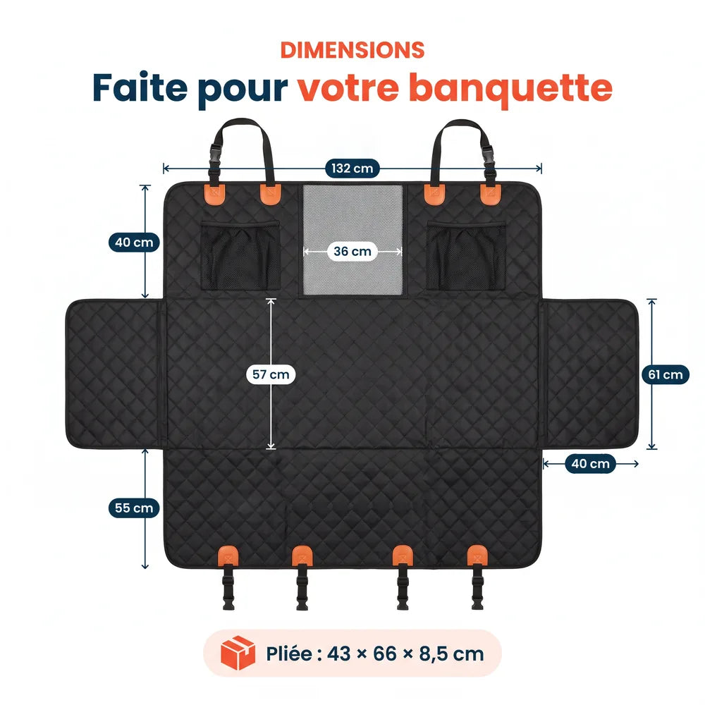 Dimensions de la housse de protection voiture pour chien à base rigide, cotes de l'assise, du dossier et des rabats