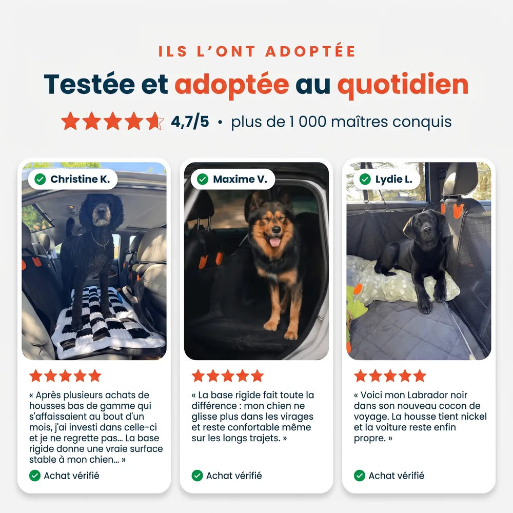 Avis clients sur la housse de protection voiture pour chien, notée 4,7/5 par les maîtres