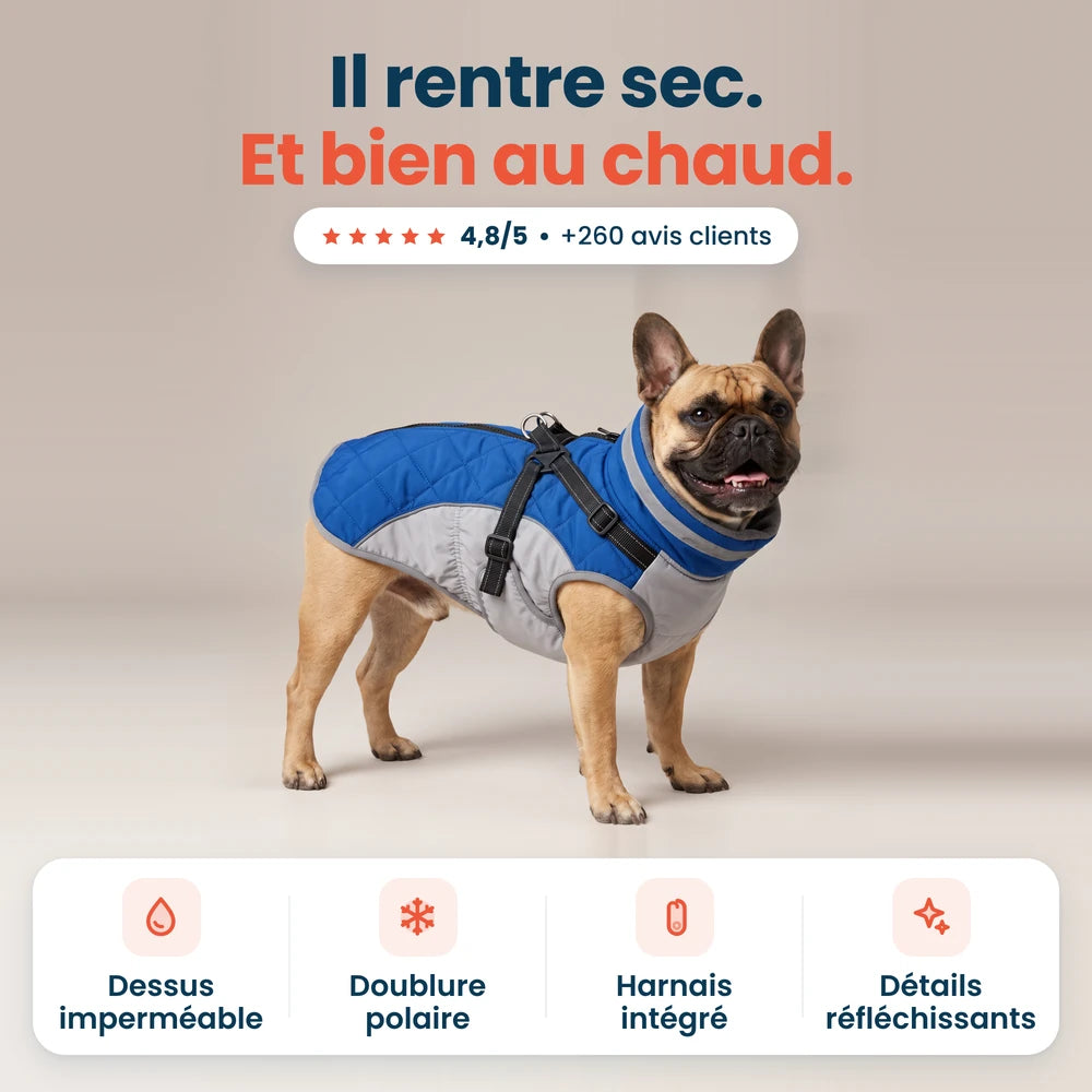 Manteau imperméable pour chien avec doublure polaire, harnais intégré et détails réfléchissants, noté 4,8/5