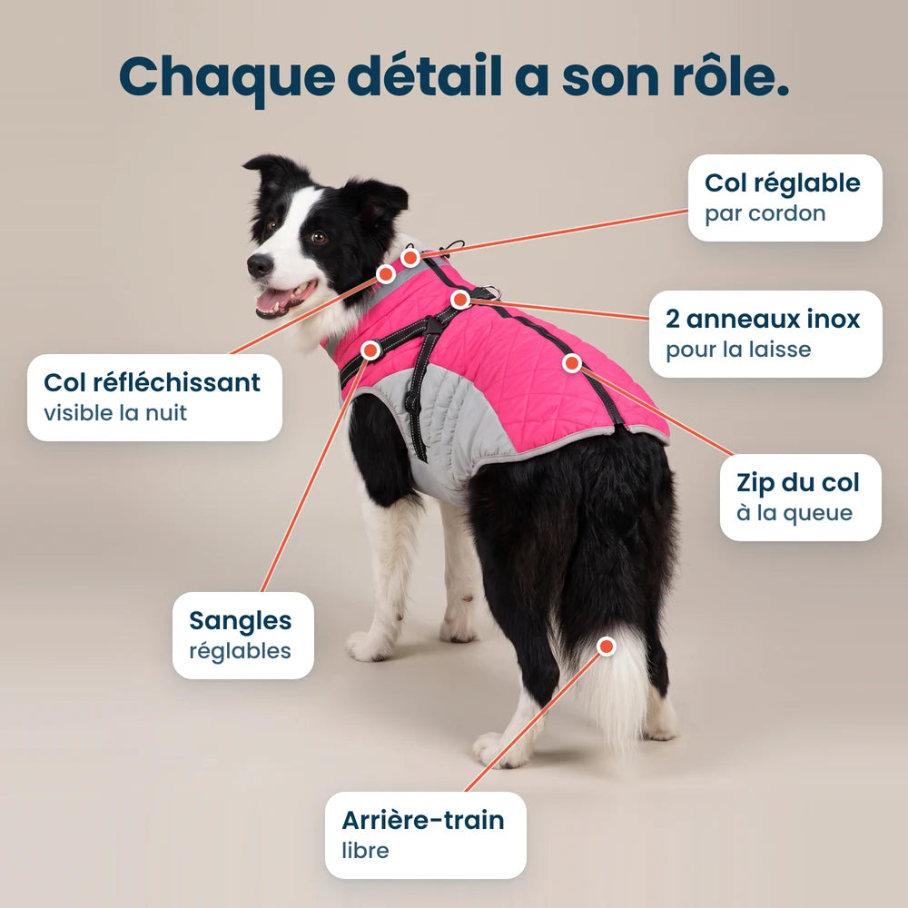 Détails du manteau imperméable pour chien : col réglable par cordon, 2 anneaux inox, zip du col à la queue, col réfléchissant