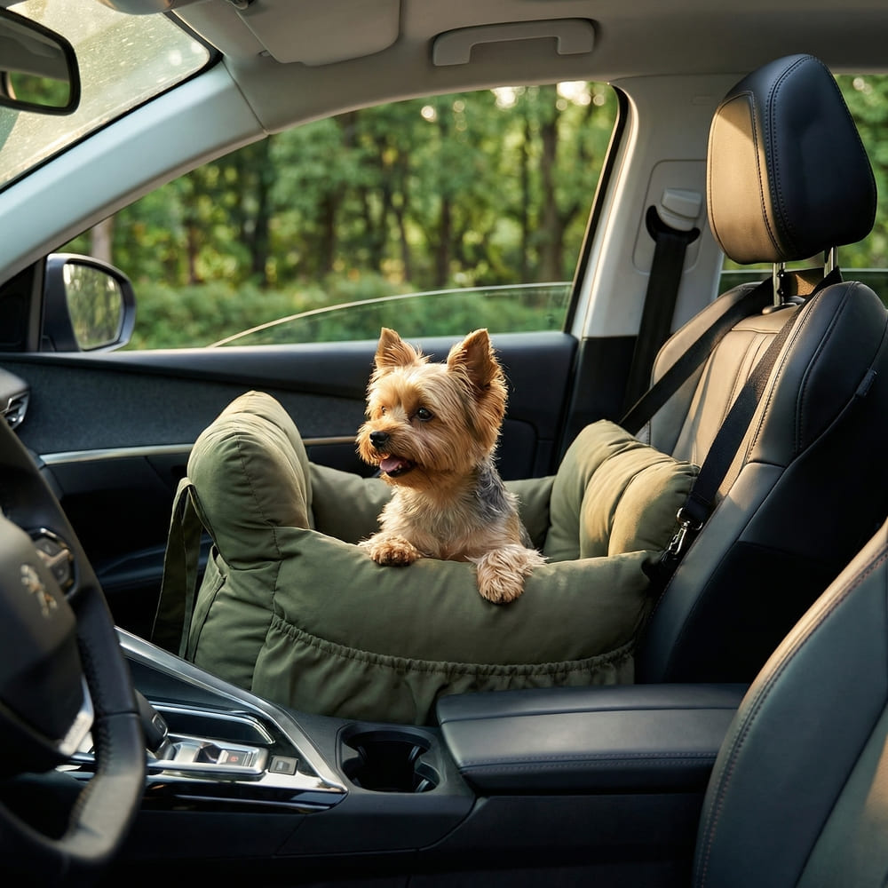 Petit chien installé dans le sac de transport à bandoulière kaki, à bord d'une voiture