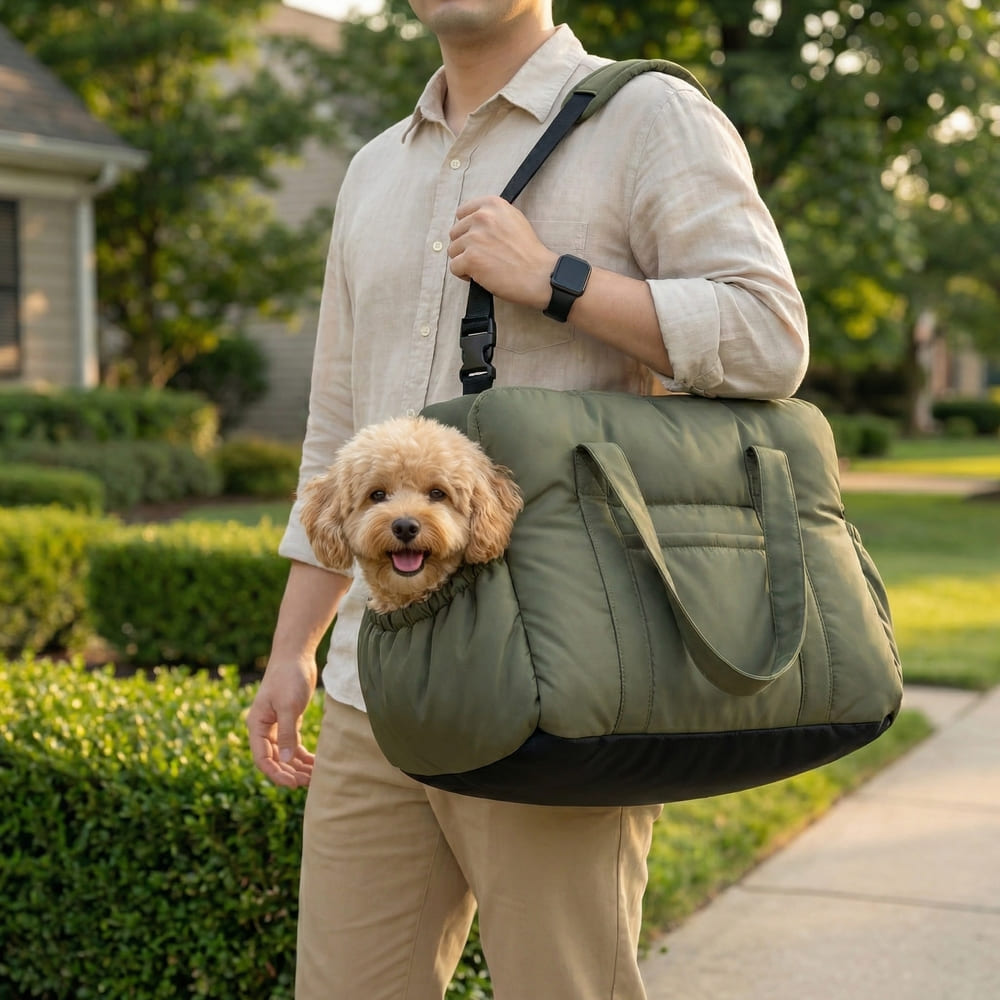 Femme portant le sac en bandoulière avec son chien dedans