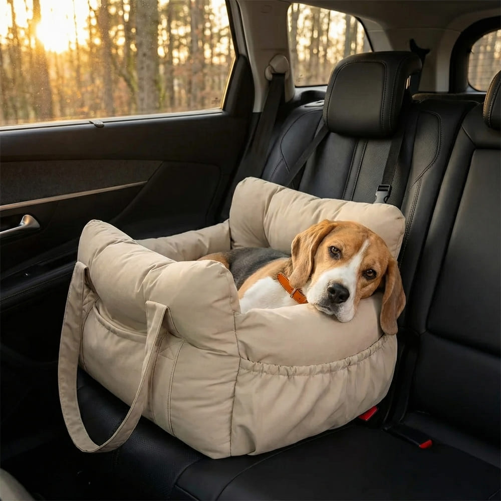 Le sac posé au sol avec un chien installé dedans