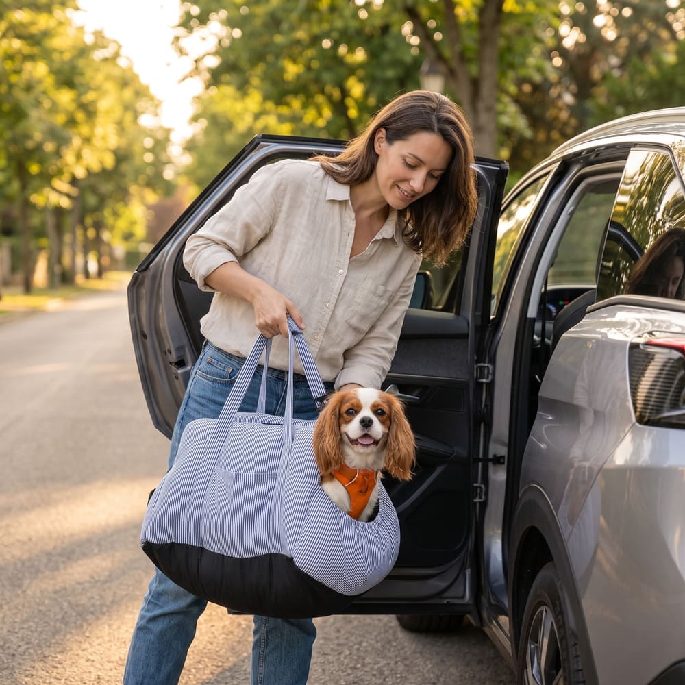 Femme portant le sac rayé en bandoulière avec son petit chien dedans