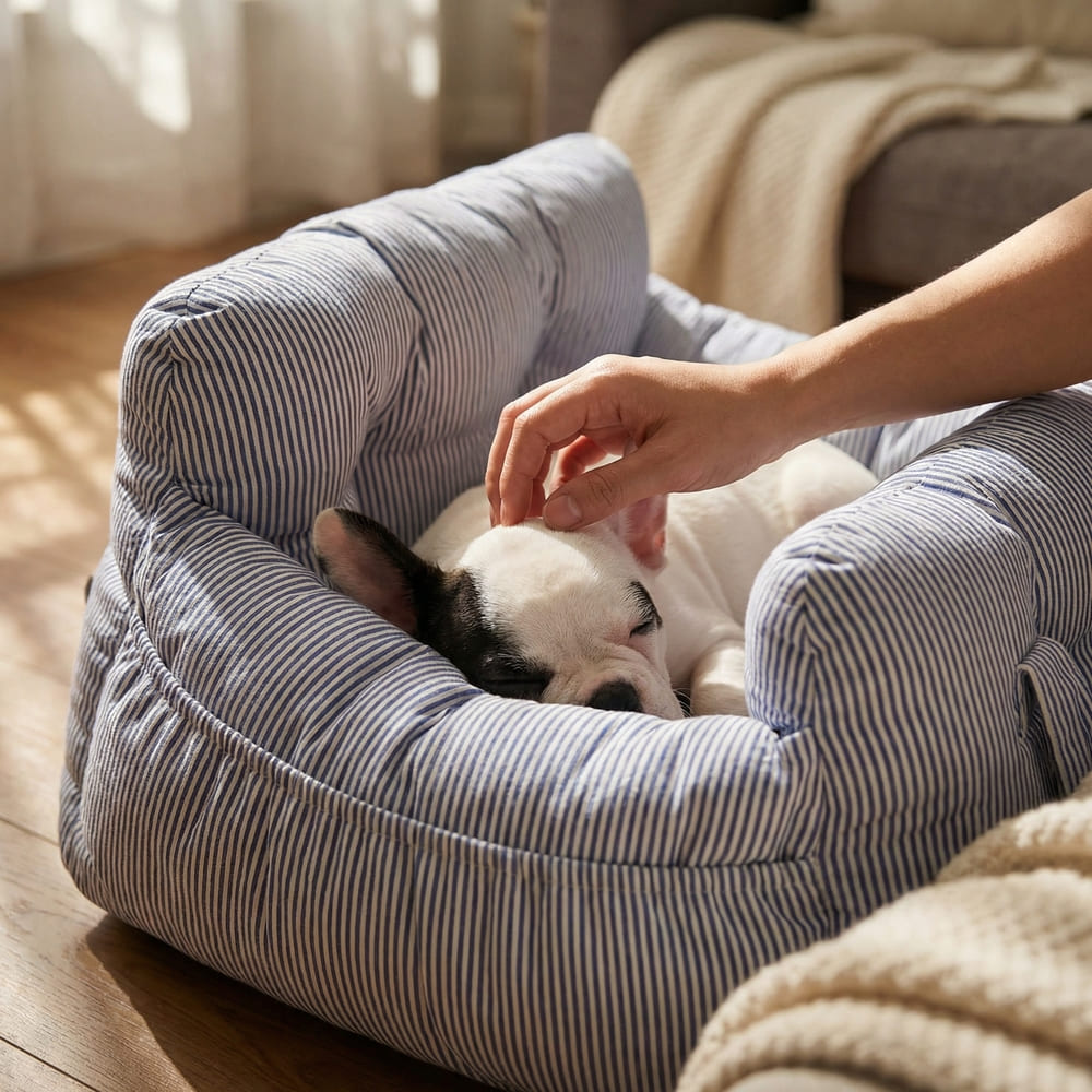 Le sac posé au sol, un chien installé dedans
