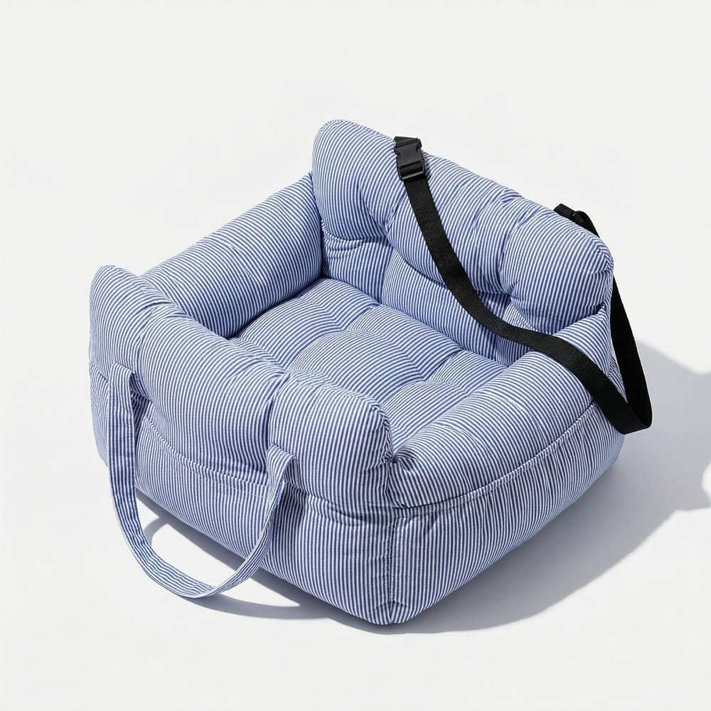 Sac en coton rayé bleu pour petit chien, vu de trois quarts